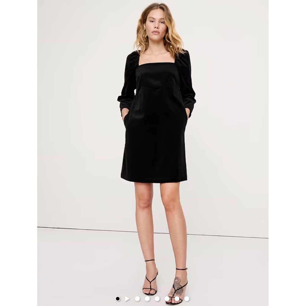 Banana Republic Velvet Puff-Sleeve Mini Dress Black Square Neck Trapeze XS $160
